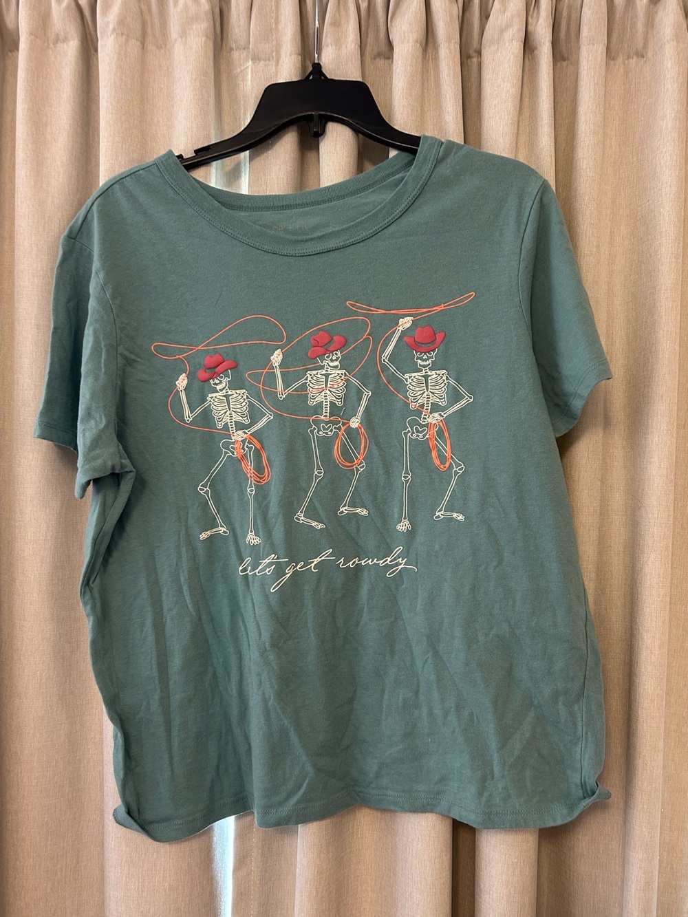 Green Graphic Tee with Dancing Skeletons